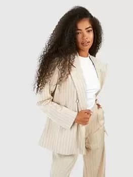 Boohoo Pinstripe Double Breasted Blazer - Sand, Beige, Size 12, Women