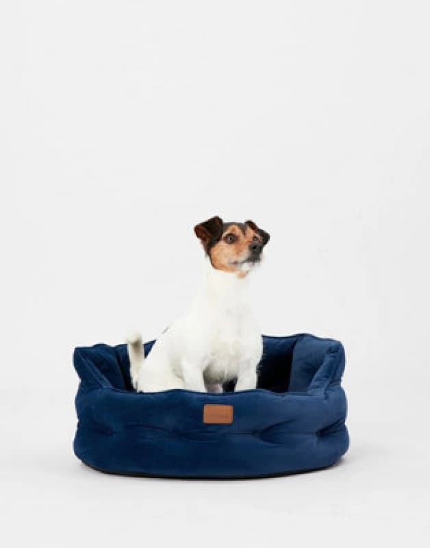Joules Chesterfield Dog Bed, Navy, Soft Velvet Fabric, Thickly Padded, Machine Washable, 70Cm Diameter, Large