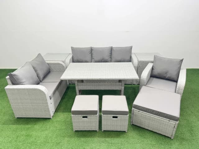Fimous Patio PE Wicker 9 Seater Outdoor Rattan Furniture Sofa Sets with Rectangular Dining Table Reclining Chair Loveseat Sofa 3 Seater Sofa Stool 2 S