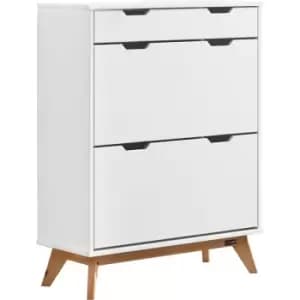 Shoe Cabinet Borneo Pine Wood 101x80x33cm High With Drawer 2 Flaps Solid 45kg Loadable Anti-Tip Device Hallway Shoe Rack Shoe Tipper White Natural