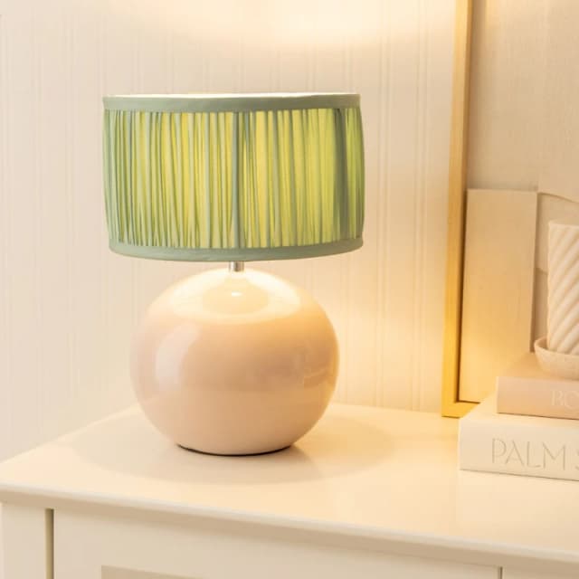 ValueLights Bosco Stone Ceramic Table Lamp with Ruched Pleated Lamp Shade and LED Bulb Pale Green