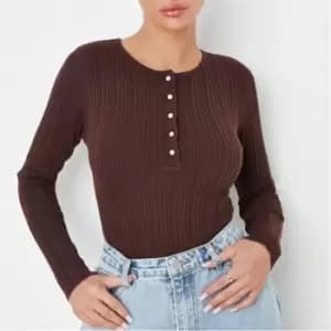 Missguided Recycled Rib Half Button Knit Bodysuit - Brown
