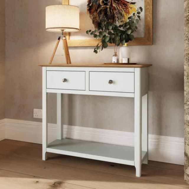 FWStyle Solid Oak 2 Drawer Console Table White Linen Large Oak Top Painted Finish White
