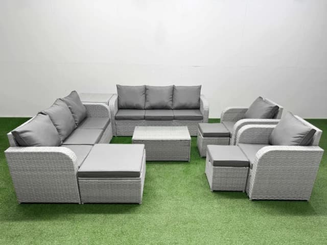 Fimous PE Rattan High Back Lounge Sofa Set Patio Coffee Table & Chairs Set with 3 Seater Sofa Reclining Chair 3 Stools Side Table Light Grey Light Gre