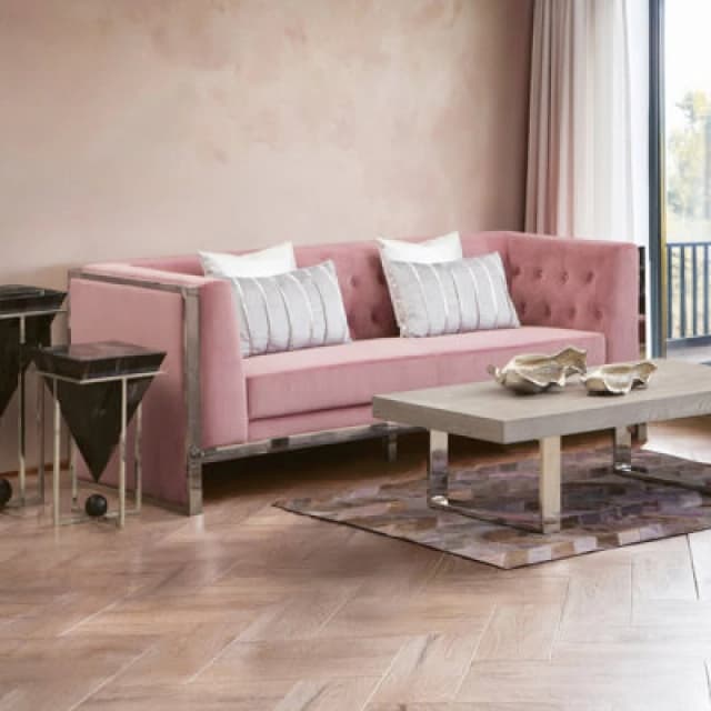 Orsina Functional Sturdy 3 Seat Pink Velvet Sofa, Stylish Mid Century Sofa For Bedroom, Comfortable 3 Seater Sofa