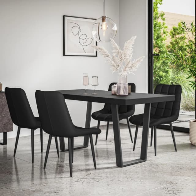 More4Homes Aria Dining Table And Chairs - Black Table Top W Black Legs + Nova Faux Leather Dining Chair Set Of 4 (Black)