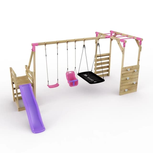 Rebo Swing Set with Baby Seat, Boat Swing, Monkey Bars and Slide - Halley Pink Pink
