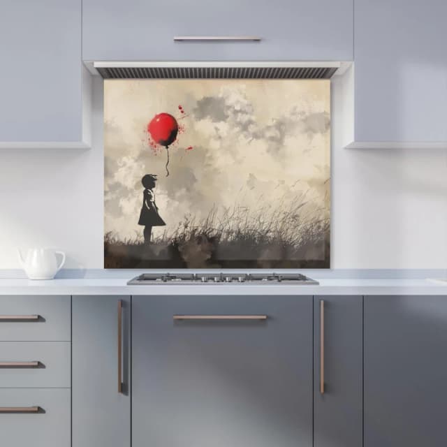 Warren Reed - Designer Dreamy Banksy-Inspired with Red Balloon Kitchen Splashback in White Size: 600mm x 750mm White Unisex 600mm x 750mm