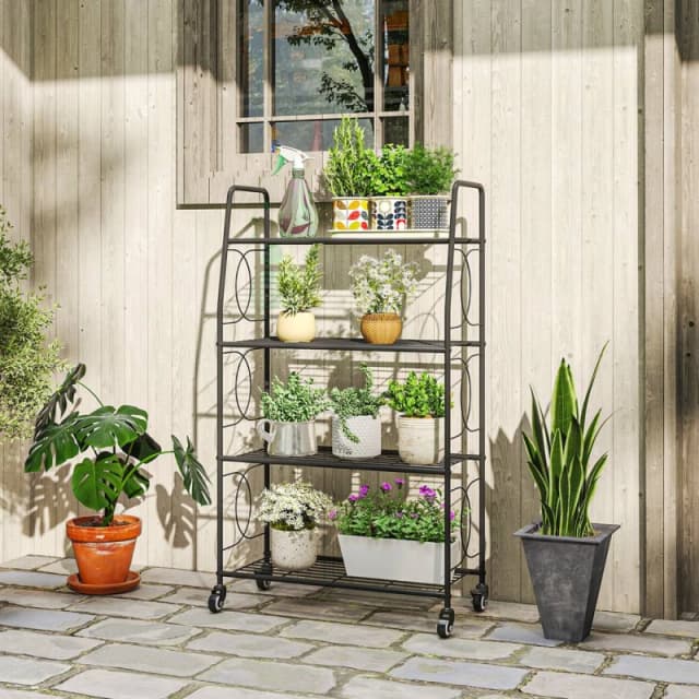Outsunny 4-Tier Metal Plant Stand, Plants Display Rack with Lockable Wheels, Black 84H-520V00BK