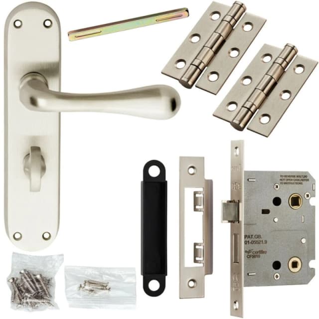 Loops Door Handle & Bathroom Lock Pack Satin Chrome Smooth Flared Lever Backplate Multi