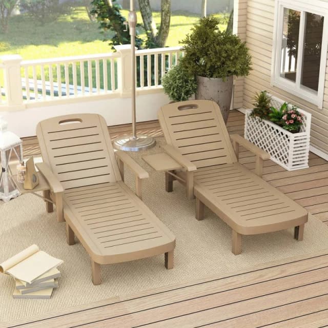 OUTSUNNY Set of 2 Resin Reclining Sun Loungers for Garden, Khaki in Beige Beige Unisex