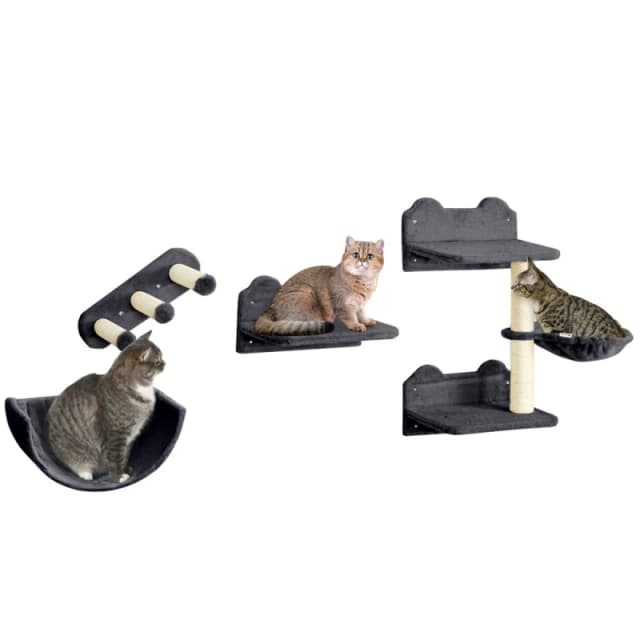 PawHut 4PCs Wall Mounted Cat Tree Cat Wall Shelves W/ Scratching Post Dark Grey - Dark Grey TJ Hughes 5056725547615