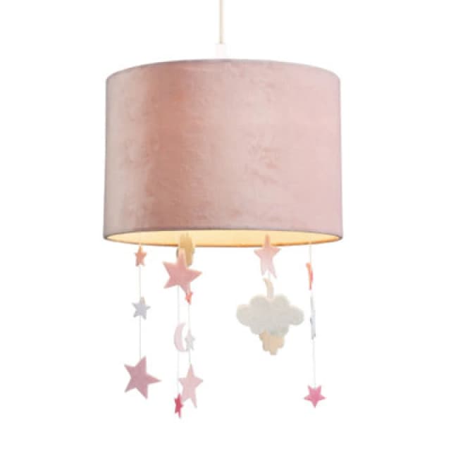 Happy Homewares Soft Blush Pink Velvet Pendant Lamp Shade With Hanging Felt Stars And Clouds