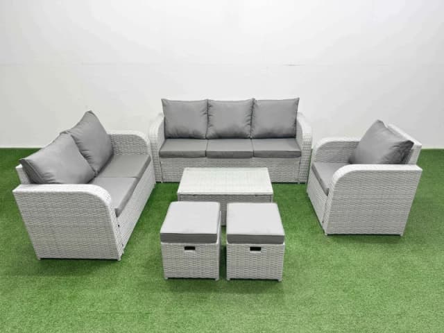 Fimous Patio PE Wicker 8 Seater Outdoor Rattan Furniture Sofa Sets with Rectangular Coffee Table Reclining Chair Loveseat Sofa 3 Seater Sofa Stool Lig