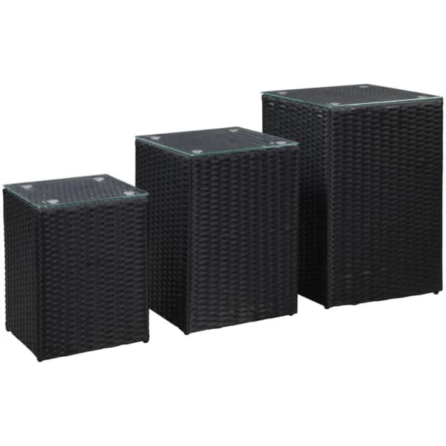 VIDAXL Side Tables 3 pcs with Glass Top Black Poly Rattan Vidaxl 8719883806860