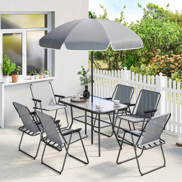 OUTSUNNY 8 Piece Garden Dining Set with 6 Folding Chairs & Umbrella in Grey Grey Unisex