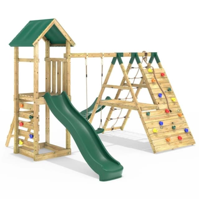 Rebo Wooden Climbing Frame with Swings, Climbing Walls and Slide - Alverstone Green Green