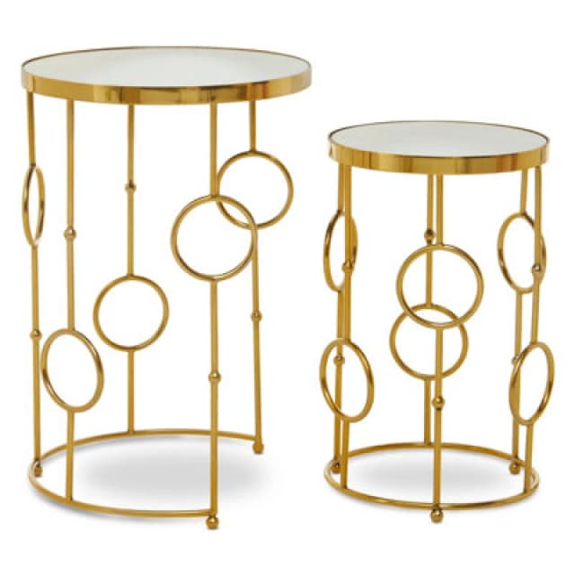 Orsina Set Of 2 Circle Pattern Side Table, Bedside Table With Mirrored Tops, Sleek Metallic Nesting Table
