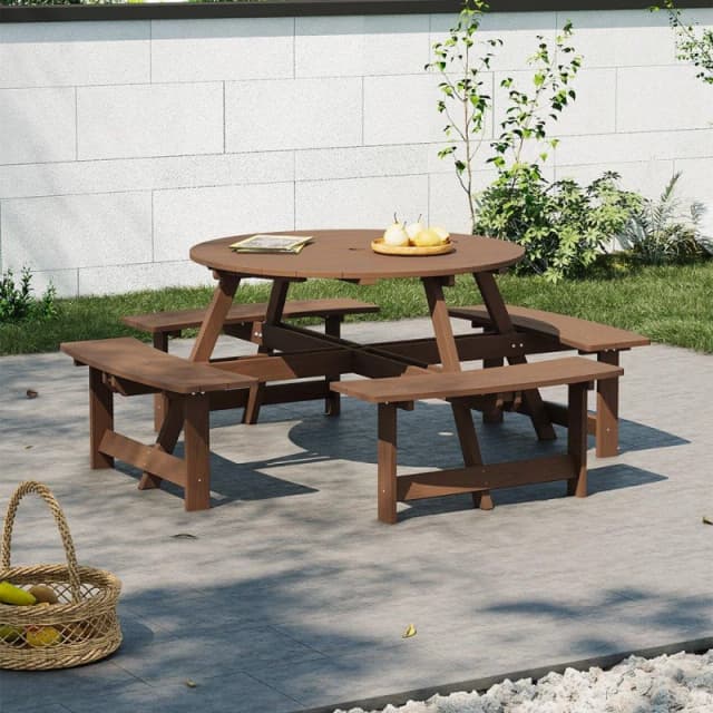 Breeins Camping 8-Person Round Wood Picnic Table and Bench Set Brown unisex One size