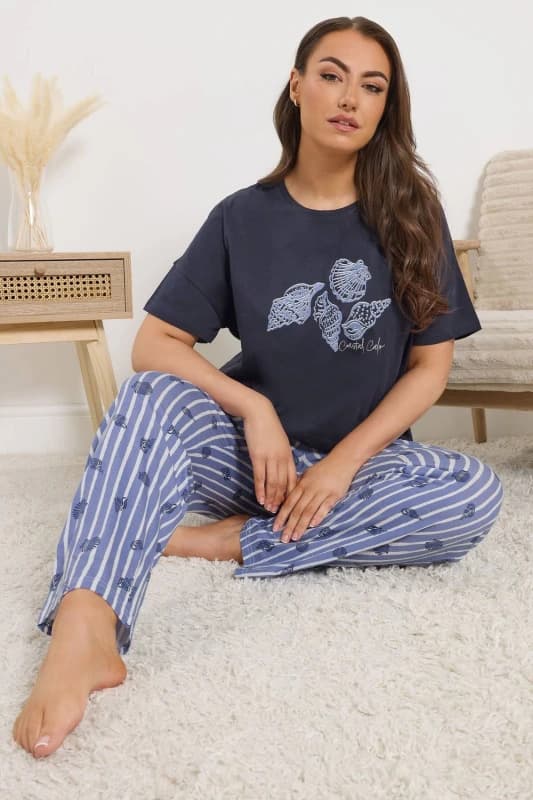 Yours Womens Shell Graphic Stripe Pyjama Set in Dark Blue Size: 14-16 Dark Blue Female 14-16