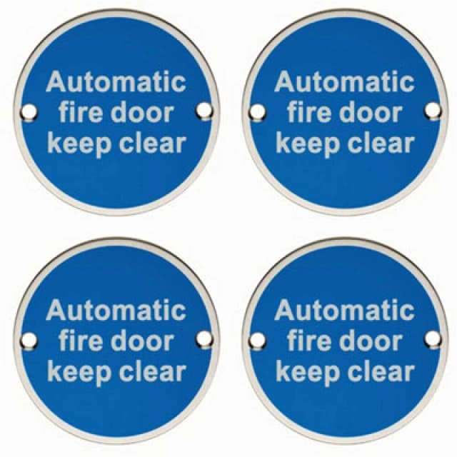 Loops 4x Automatic Fire Door Keep Clear Plaque 76mm Diameter Satin Stainless Steel Metallics
