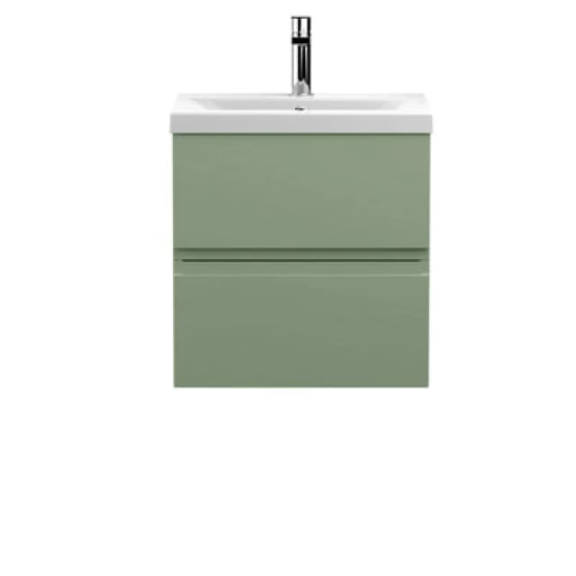 Nuie Hudson Reed Urban Wall Hung 2 Drawer Vanity Unit With Mid-Edge Ceramic Basin, Modern Bathroom Furniture In Satin Green, 500mm