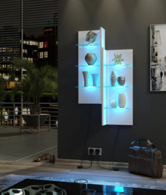 Furneo White Floating Display Cabinet Wall Unit Shelf High Gloss & Matt Clifton 09 Blue LED Lights