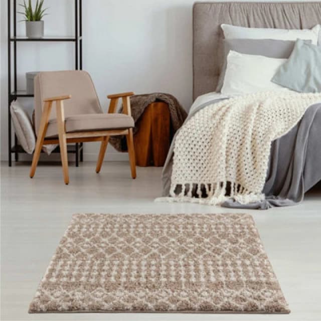 THE RUGS Soft Moroccan Diamond Shaggy Rugs & Runners Beige Ivory Living Room Size: 120cm x 120cm Beige Unisex 120cm x 120 cm