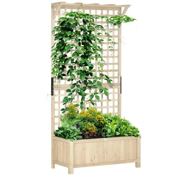 Wood Planter with Trellis for Climbing Plants Vines Planter Box Natural