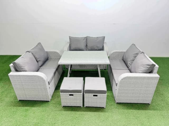 Fimous 8-seater Patio Rectangular Table Love Sofa Set with 2 Small Stools in Light Grey Light Grey Unisex