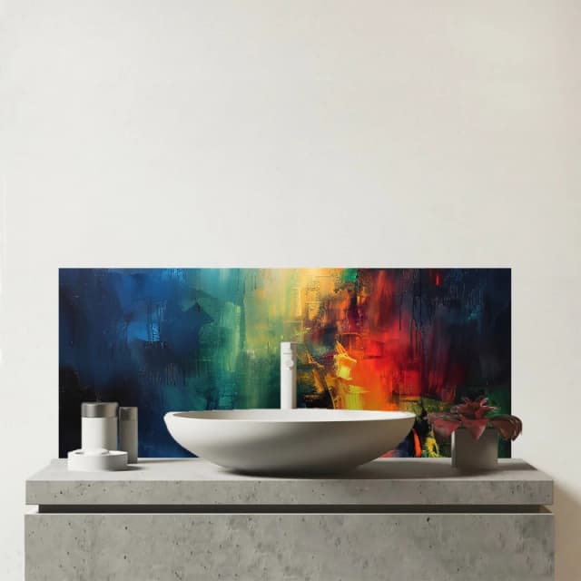 Warren Reed - Designer Colourful Chaos: Urban Dreamscape Glass Bathroom Splashback Multicolor Unisex