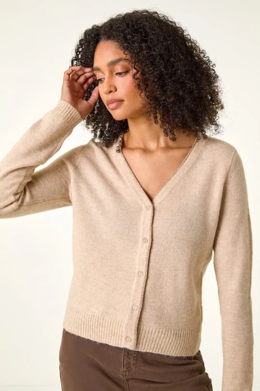 Roman Shimmer V-Neck Ribbed Cardigan Natural