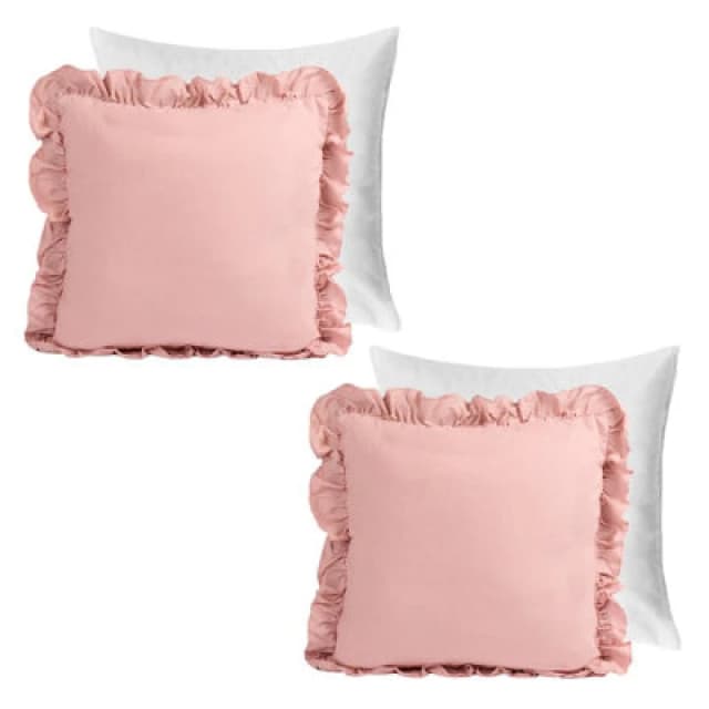 OHS OHS 2 Pack Linen Frill Cushion Covers Filled Home Living Luxury in Pink Size: 45cm x 45cm Pink 45cm x 45cm Unisex 5027434218585