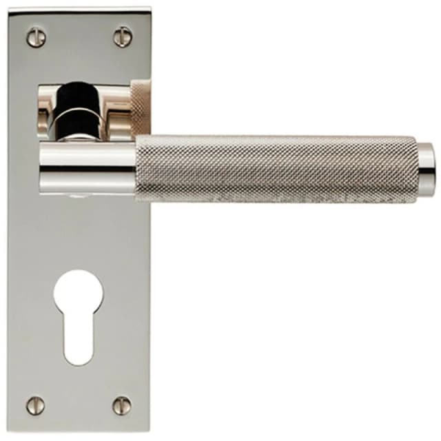 Loops PAIR Knurled Round Lever on Slim Euro Lock Backplate 150 x 50mm Polished Nickel Metallics