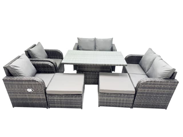 Fimous 8-seater Rattan Garden Furniture Dining Set with 2 Big Footstool in Dark Grey Dark Grey Unisex