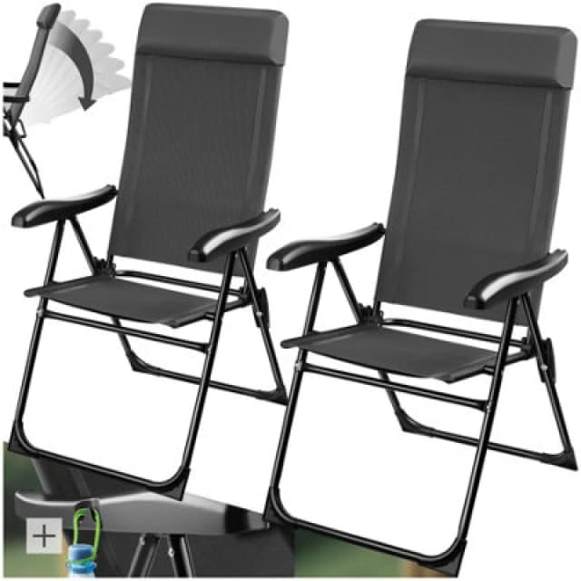 Tectake Camping Chair Muritz - Folding, Lightweight, 7 Position Backrest, Weather Resistant - Anthracite - Set Of 2