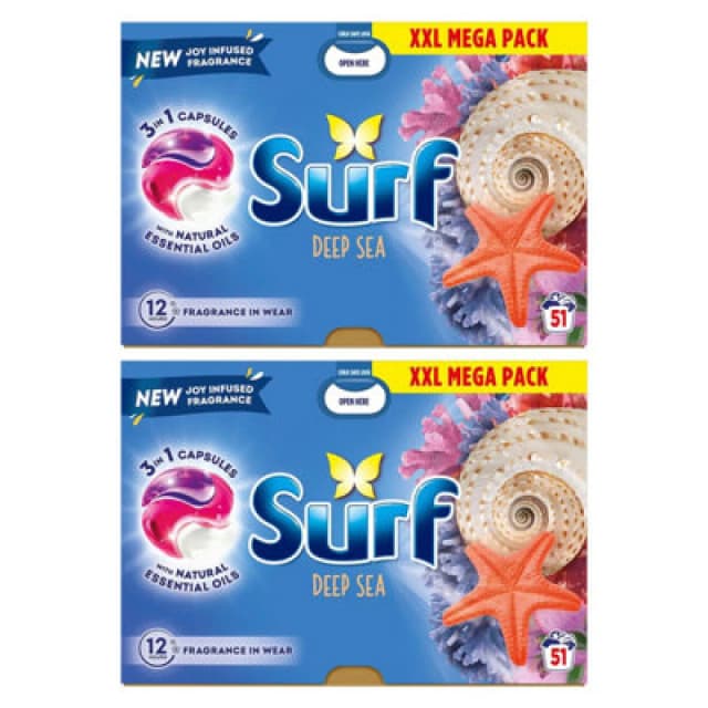 Surf 3 In 1 Laundry Washing Detergent Capsules Deep Sea, 102 Washes, 2Pk