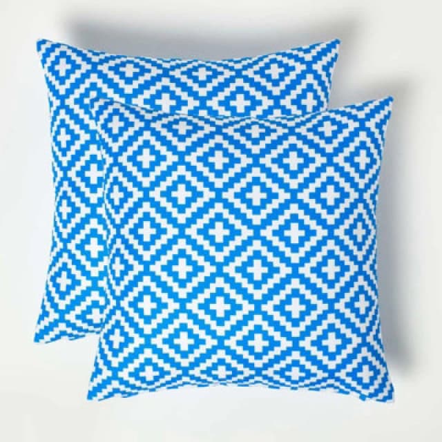 Homescapes Blue Geometric Outdoor Cushion 45 x 45 cm, Set of 2 Blue