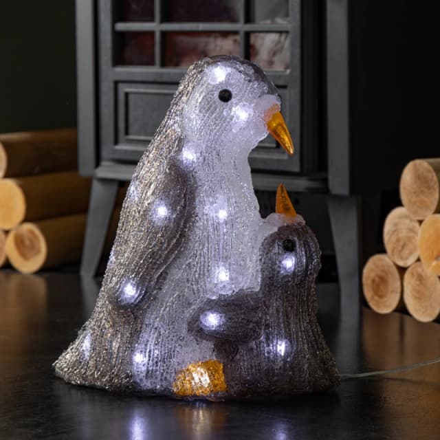 28cm Light up Acrylic Mother and Chick Penguin Christmas Decoration with 30 White LEDs