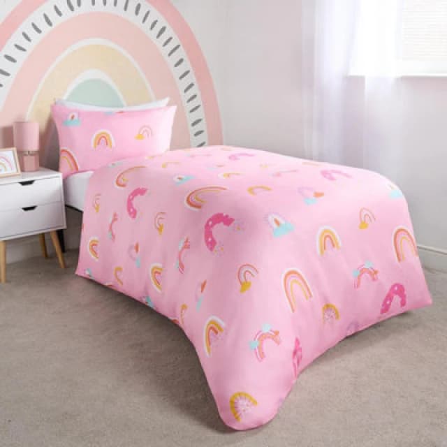 OHS OHS Rainbow Duvet Cover Bedding Set Quilt Pillowcase Reversible in Pink Size: Single Pink Single Unisex 5027434200269