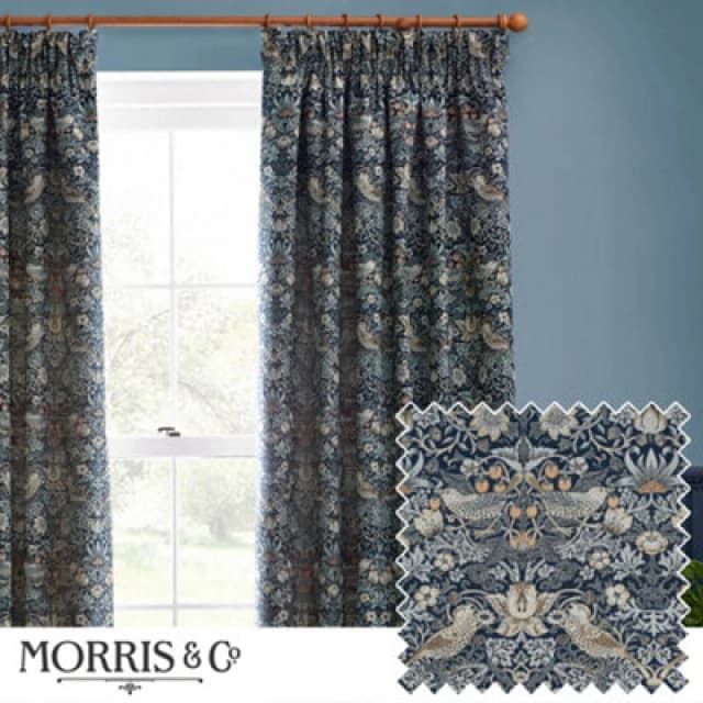 Morris & Co Morris & Co Strawberry Thief Jacquard Jacquard Floral Room Darkening Pencil Pleat Curtains in Indigo Size: 168cm width x 229cm drop Indi
