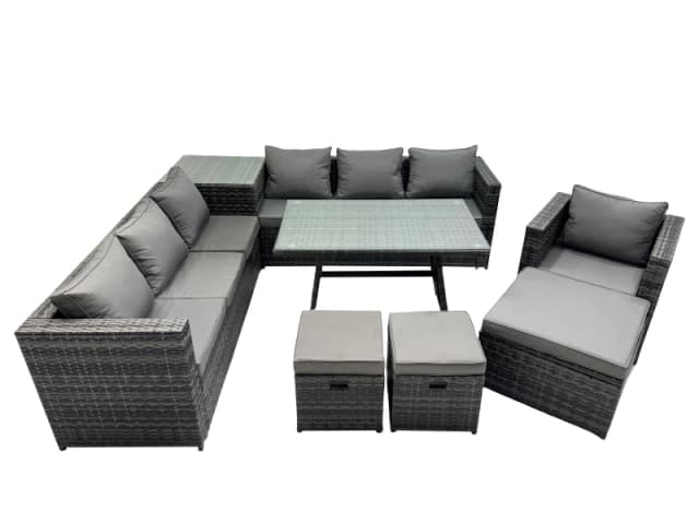 Fimous Garden Rattan Furniture Set 10 Seater with Side Table 3 Stools in Dark Grey Dark Grey Unisex