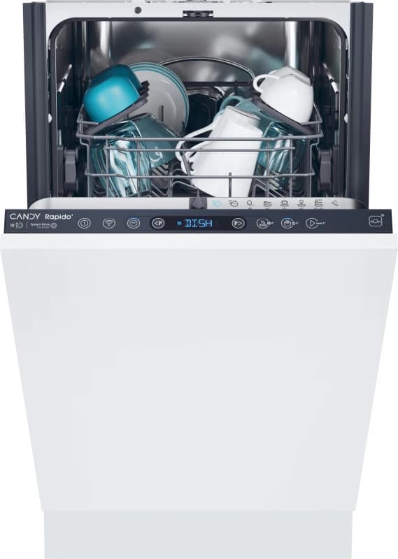 Candy RapidO CI0C7SB0FA-80 WiFi Connected Fully Integrated Slimline Dishwasher - Black Control Panel with Fixed Door Hinge Kit - C Rated