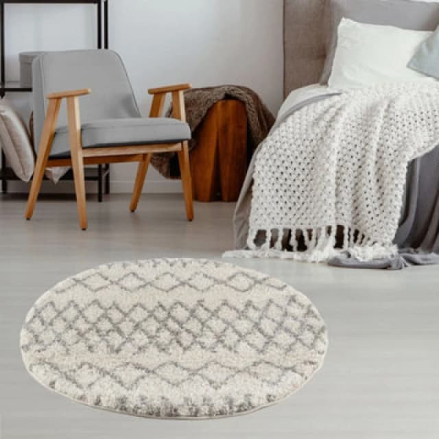 THE RUGS Soft Tangier Shaggy Rugs & Runners Ivory & Grey Living Room Size: 120cm diameter Ivory Unisex 120cm diameter