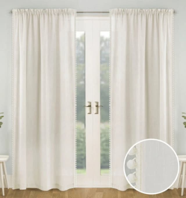 Tyrone Textiles Tahiti Pom-Pom Trim Linen-Look Voile Panel - Pair Cream