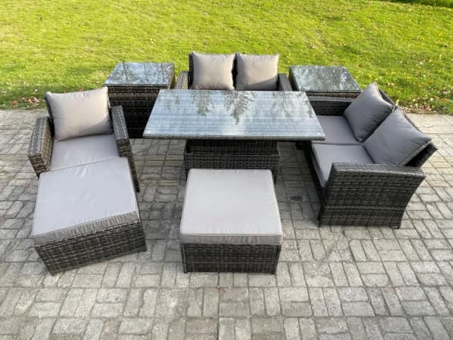 Fimous 7 Seater Outdoor Rattan Patio Furniture Set Garden Height Adjustable Rising Lifting Table Sofa Dining Set with 2 Side Tables 2 Big Footstool Da