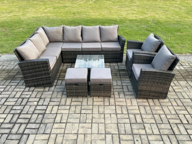 Fimous Rattan Garden Furniture Set Outdoor Lounge Corner Sofa Set With Square Coffee Table 2 Small Footstools Armchair 10 Seater in Dark Grey Dark Gre