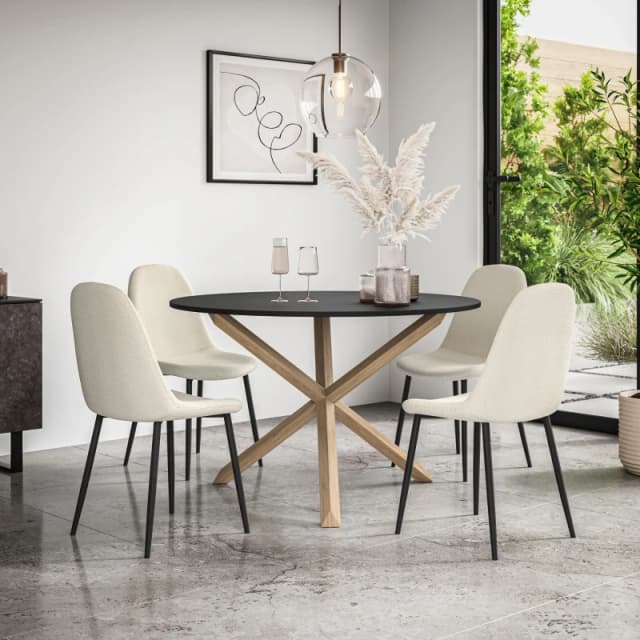 More4Homes Malvern Round Dining Table And Chairs - Black Table Top W Solid Oak Legs + Maya Boucle Dining Chair Set Of 4 (Ivory White)