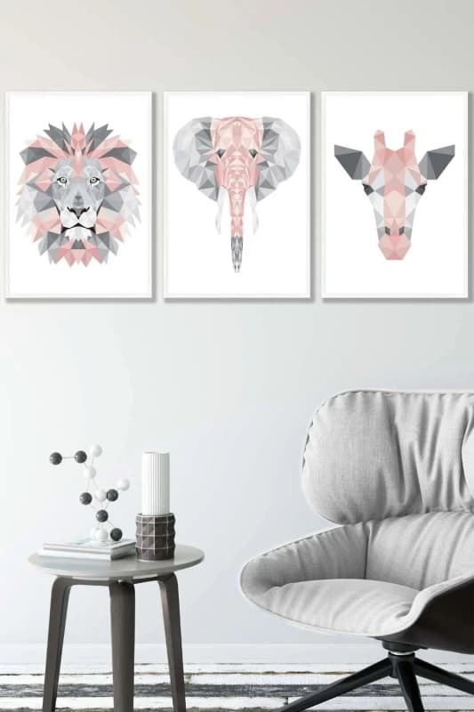 ARTZE Geometric Pink Grey Jungle Animal Heads Framed Wall Art - Medium in White Size: W45cm x H62cm x D20mm White Unisex W45cm x H62cm x D20mm