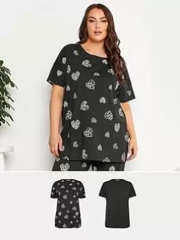 Yours 2 Pack Sleeptee Top Black & Black Wild Heart, Black, Size 18-20, Women